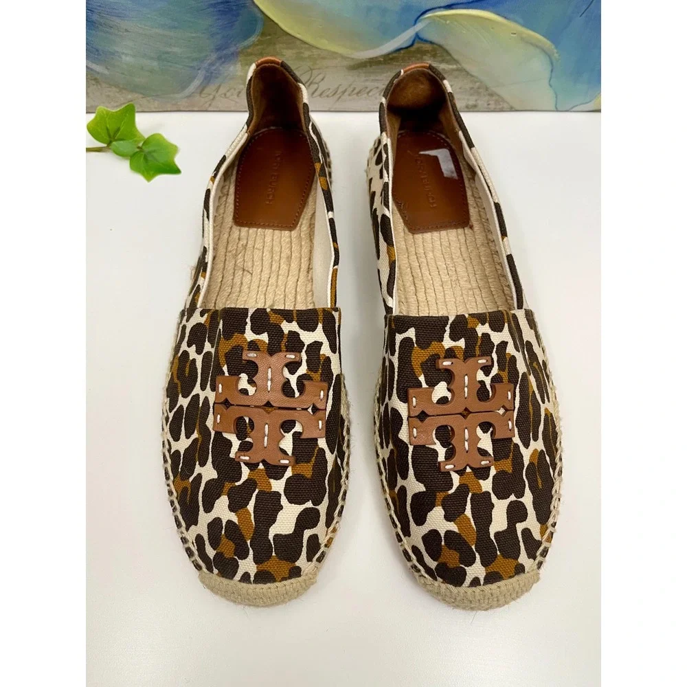 New Tory Burch Ines‎ Leopard Print Canvas Espadrille Flats Brown Tan Women 9.5